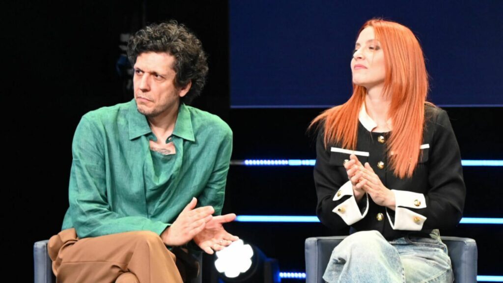 Ermal Meta e Noemi durante la Conferenza Stampa del Primo Maggio 2025